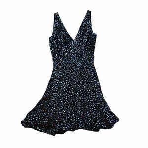 Niteline Della Roufogali Silk Dress 4 Black Blue Sequined V-Neck Mini Vintage